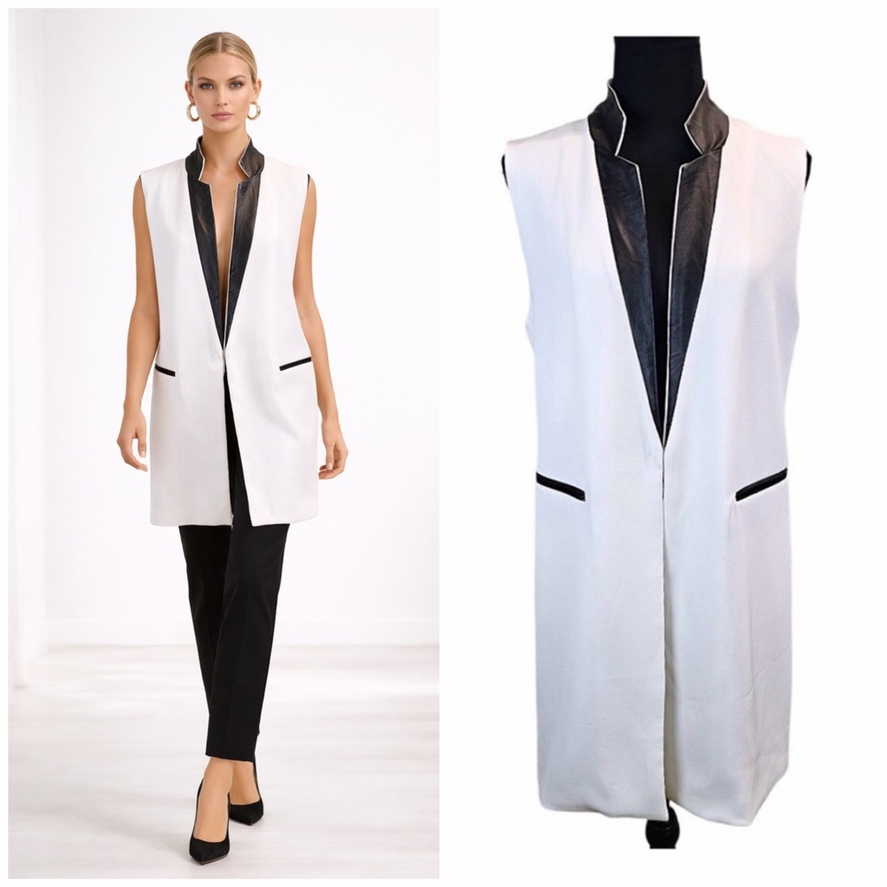 Luii Vegan Leather Collar Sleeveless Longline Blazer Jacket Small White Modern